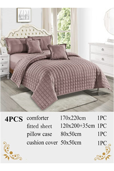 Moon Elegant Plaid Quilted Plain Bedspread - 4 Pieces - 170X220Cm Duvet - 120X200+35Cm Deep Pocket Sheet with Pillowcase and Decorative Pillow Cover