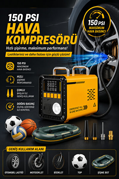 Merwish Akü Takviye 1600A 16.000mAh 150 PSI Hava Kompresörü Powerbank LED Fener Basınçlı Üfleme 4'ü 1 Arada