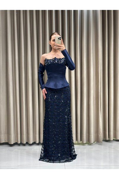 Kaleiçi Yıldızlar Lacivert Göğüs Taş İşlemeli Korse Detay Balık Model Abiye E...