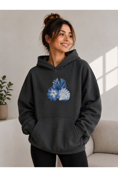 caddekombin Women's Blue Floral and Seashell Printed Hooded Sweatshirt with K...