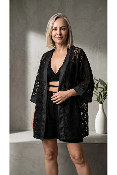 by emelika Tül Üzerine Nakışlı Çiçek Desen Dantel Kimono