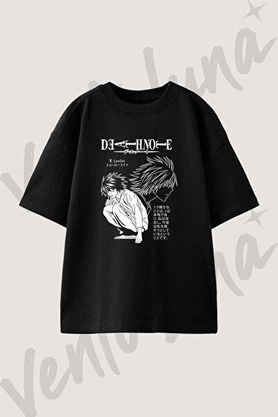 Vento Luna L Lawliet Tasarım Baskılı Unisex Oversize Kalıp Siyah Tshirt