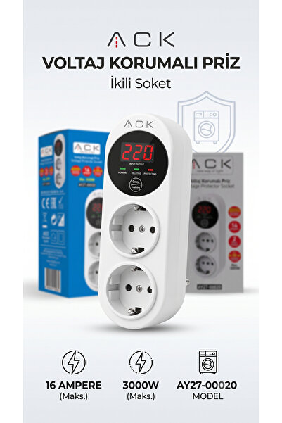 Gündüz E-ticaret Ay27-00020 Dual Current and Voltage Protected Socket with Di...