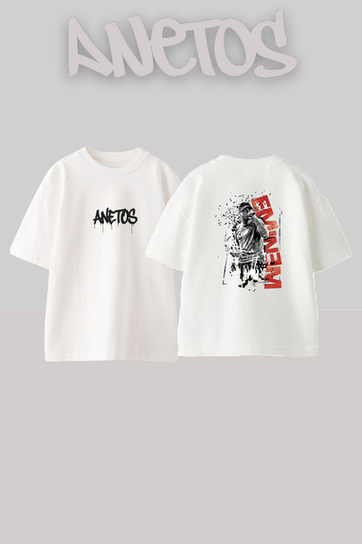 Anetos Eminem_19 Λευκό μπλουζάκι με στάμπα σχεδίου Unisex Oversize