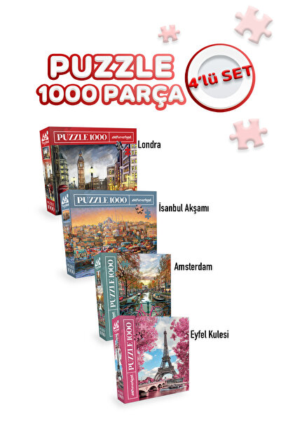 Empressco 4-Piece 1000 Piece Puzzle Set: Eiffel, Istanbul Evening, London, Am...