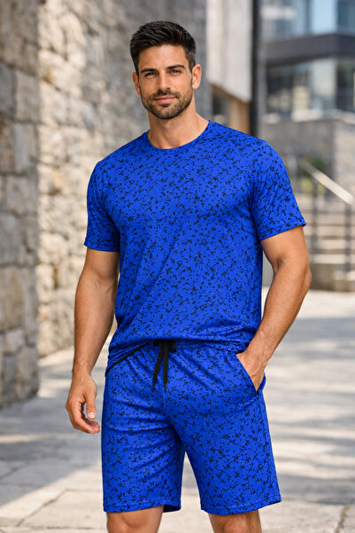 Umay moda 59 طقم شورت رجالي أزرق منقوش ذاتيًا مع جيوب