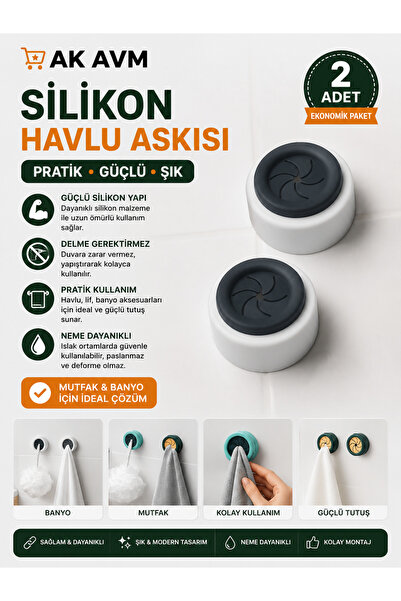 Ak Avm Silikon Havlu Tutucu 2'li Yapışkanlı Havlu Askısı Delme Gerektirmez Ba...