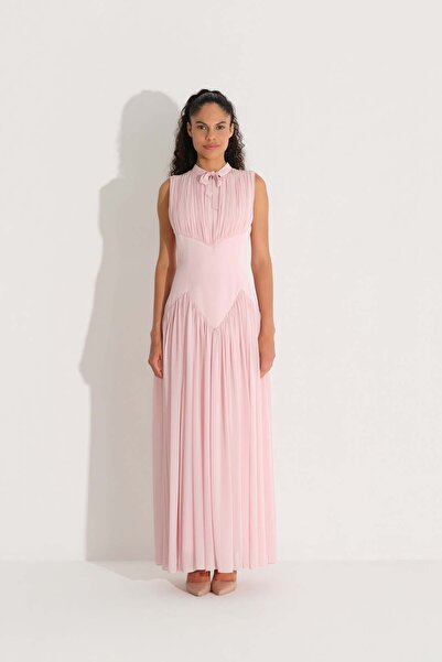 miha Hicran Önal Bel Formu Corset Embroidered Chiffon Crepe Dress Powder