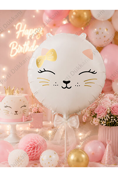 Parti Dükkanı Round White Retro Cat Foil Balloon 18 Inch 36 cm Helium Compati...