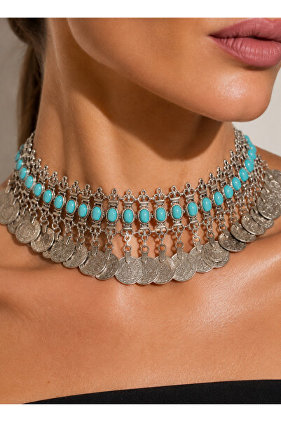 ALLONA Pul Detaylı Taşlı Choker Kolye - Etnik Bohem Kadın Aksesuar