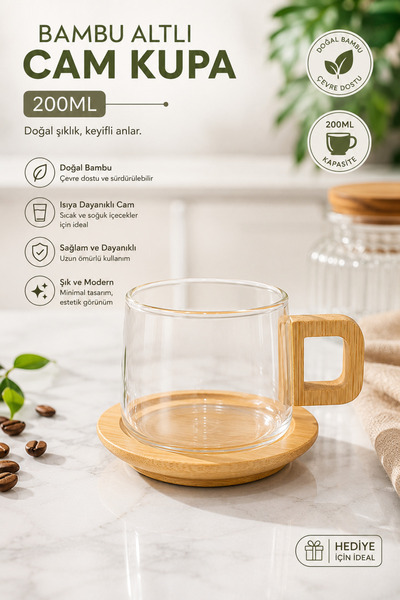 Evsun Home Collection Glass Mug with Bamboo Base 200ml