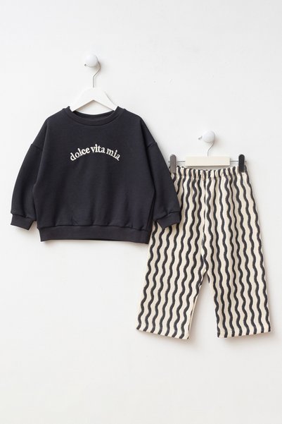 Minipodyum Baby Boy Top and Bottom Set with Wavy Stripes and Embroidery Detail