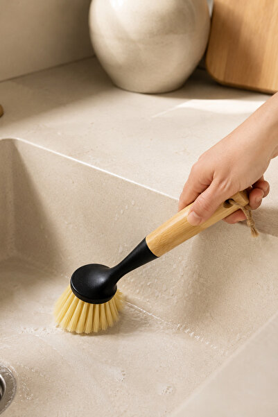 Şahane Pazar Bamboo Handle Sink Cleaning Brush Hard-Bristled Ergonomic Bathro...