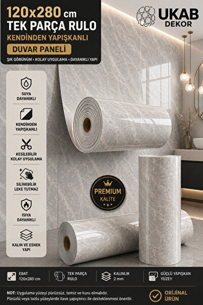 UKAB DEKOR 120x280 Cm 1 Adet Lüks Dekoratif Gri Kendinden Yapışkanlı Esnek Kö...