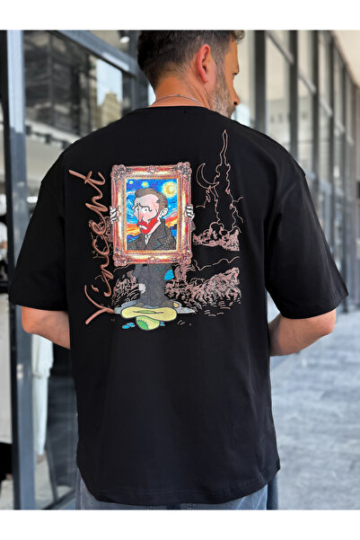 BYBASICMAN Black Cartoon Van Gogh Oversize T-Shirt Sw-5175