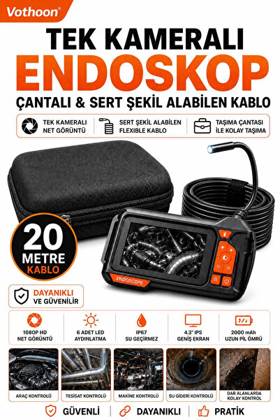 Vothoon Ekranlı Tek kameralı 20 Mt Sert Kablo Yılan Endoskop Kamera 8 mm 4.3 ınc