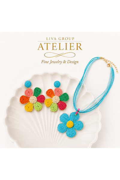 Liva Group Atelier Renkli Doğal Hasır Dokuma Çiçek Model Küpe & Kolye Kombin ...
