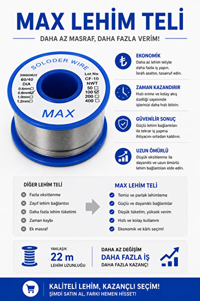 RoboPazar MAX 100 gr Lehim Teli 0.8 mm, Sn40/Pb60, RN-3 %2.2 Flux