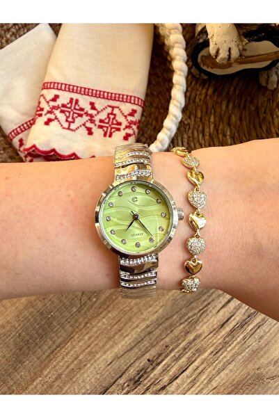 TD TRENDDURAGI Round Tiny Stone Detailed Silver Inside Green Women's Wristwatch