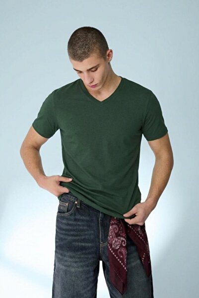 DAMGA JEANS Men's Straight Fit Khaki V-Neck T-Shirt