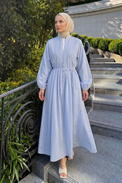 zenne Voile Button Detailed Pleated Dress 5007 - Baby Blue