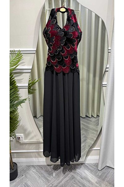 SAMEERAH STYLE Women's Sequined Beaded Halter Neck Evening Gown