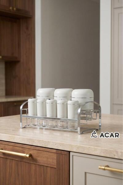 ACAR JADE BEJ GÜMÜŞ 8 PARÇA STANDLI CAM BAHARAT SETİ