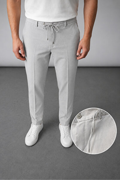Gussi Men's Gray Textured Comfortable Cut Lace-Up Jogger Fabric Trousers with...