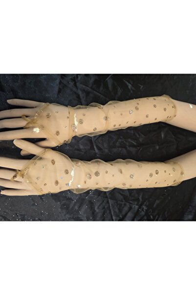 Qrsln Veronica Patterned Sparkling Shameran Gloves in Nude Color
