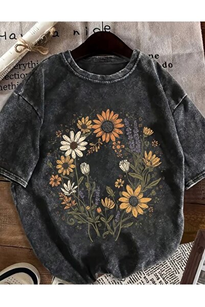 Ryam Mooda Vintage Washed Anthracite Gothic Spider Print Unisex Wide Fit Over...