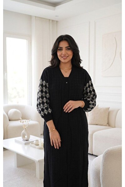 alqarat Midi Knit Winter Cardigan with Patterned Sleeves