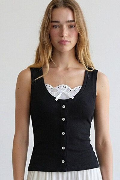 Şiir Reps Slim Fit Ornament Buttoned Scallop U-Neck Bow Detail Sleeveless Top...