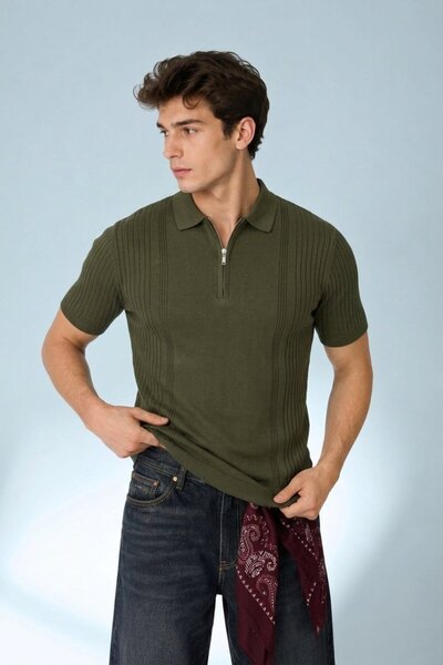 Maccali Men's Zippered Casual Polo Collar Knitwear Khaki T-Shirt