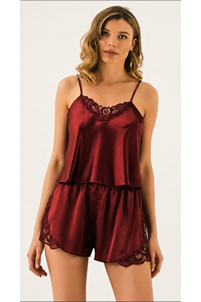 Şener Titlu SEO (Trendyol): Pijama damă din satin bordo cu dantelă – Set 2 pi...