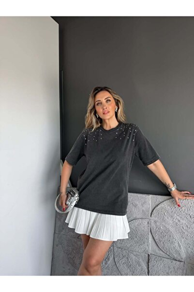 Zerrincan Giyim Antrasit Yıkamalı Omuzları Taşlı Tshirt