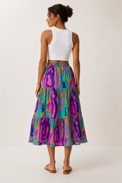 sharin Women's Colorful Summer Elastic Waist Patterned Midi Length Viscose Skirt G1-2410
