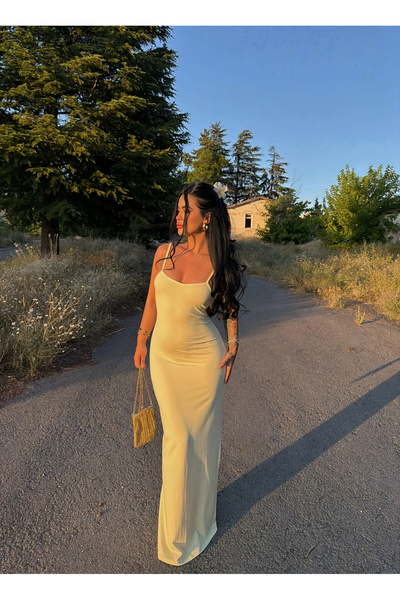 kırmızı butiks Yellow Strap Scuba Maxi Dress