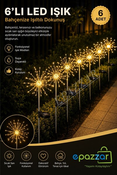epazzar 6 Adet Solar Güneş Enerjili 8 Fonksiyonlu 150 Led Mekan Bahçe Dekoras...