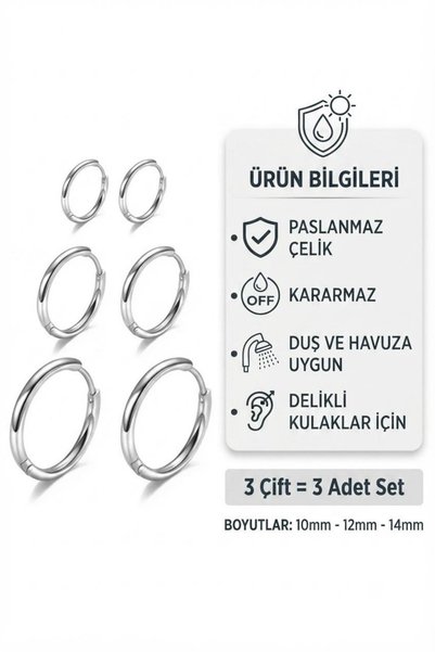 Blisse Piercing Unisex Steel Hoop Earrings Set Silver Color 3 Pairs Classic Earrings