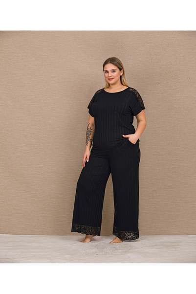 MOPİ Black Relax Ribbed Lace Women's Pajama Set - Standard and Plus Size