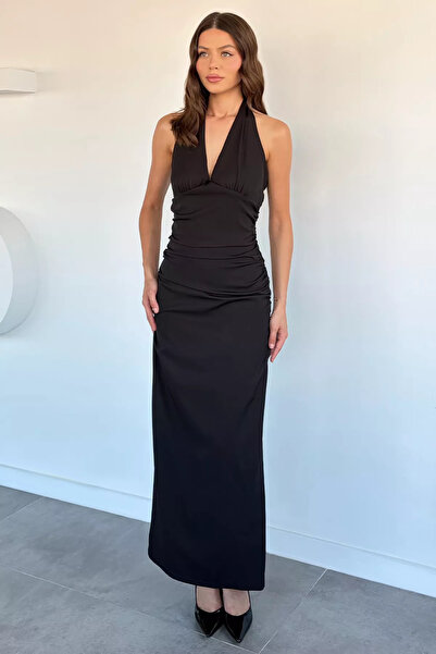 Aryena Black Women's Halter Neck Evening Dress with Side Ruching Detail and Slit