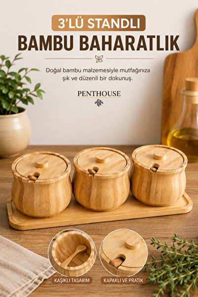 Penthouse 3-Piece Bamboo Spice Container Set with Stand, Natural Bamboo Spice...