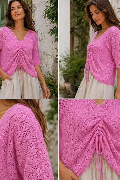 Aryena Pink Pre-Gathered Knitwear Blouse