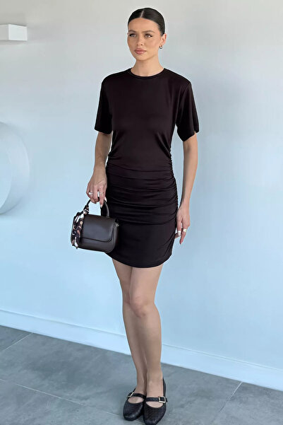 Aryena Coffee Color Side Gathered Women's Dress