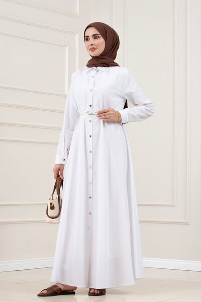 Sevitli Shirt Collar Belted Berra Dress-White