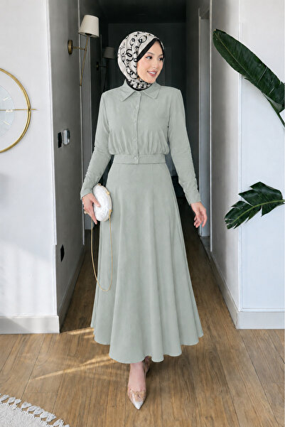 Tesettür Diyarı Tila Lizza Υφασμάτινο Πουκάμισο-Φούστα Σετ Χιτζάμπ- Πράσινο