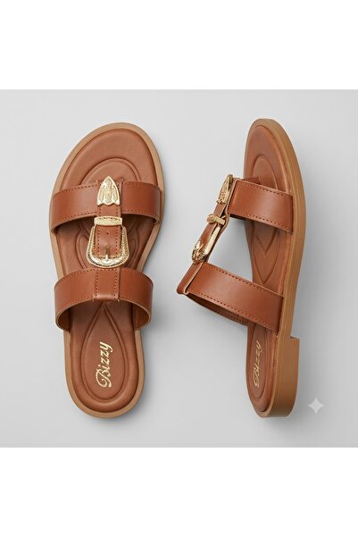 KİNDEP (Bianca) Buckle Detailed Daily Women's Slippers Taba