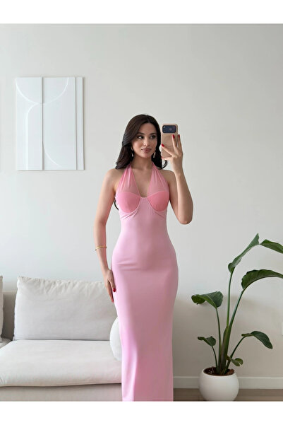 Zoom Butik Boyun Bağlamalı Gloplu Elbise - PEMBE