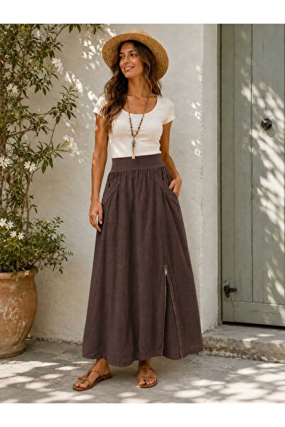 Butik Şans Women's Zipper Detailed Elastic Waist Italian Linen Skirt with Poc...