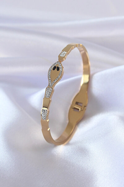ARMÜZ 316L Steel Gold Color Snake Model Zircon Stone Detail Women's Handcuffs